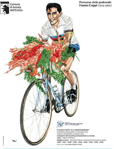 Ad Anzola, in provincia di Bologna viene inaugurata una pista ciclabile museo con 11 pannelli che ritraggono Fausto Coppi in 11 maglie differenti. Le illustrazioni sono opera di Claudio Pesci. Qui Coppi con la maglia di Campione del mondo